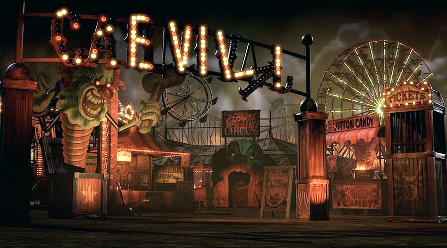 A hauntingly dark and deserted carnival midway at nightime